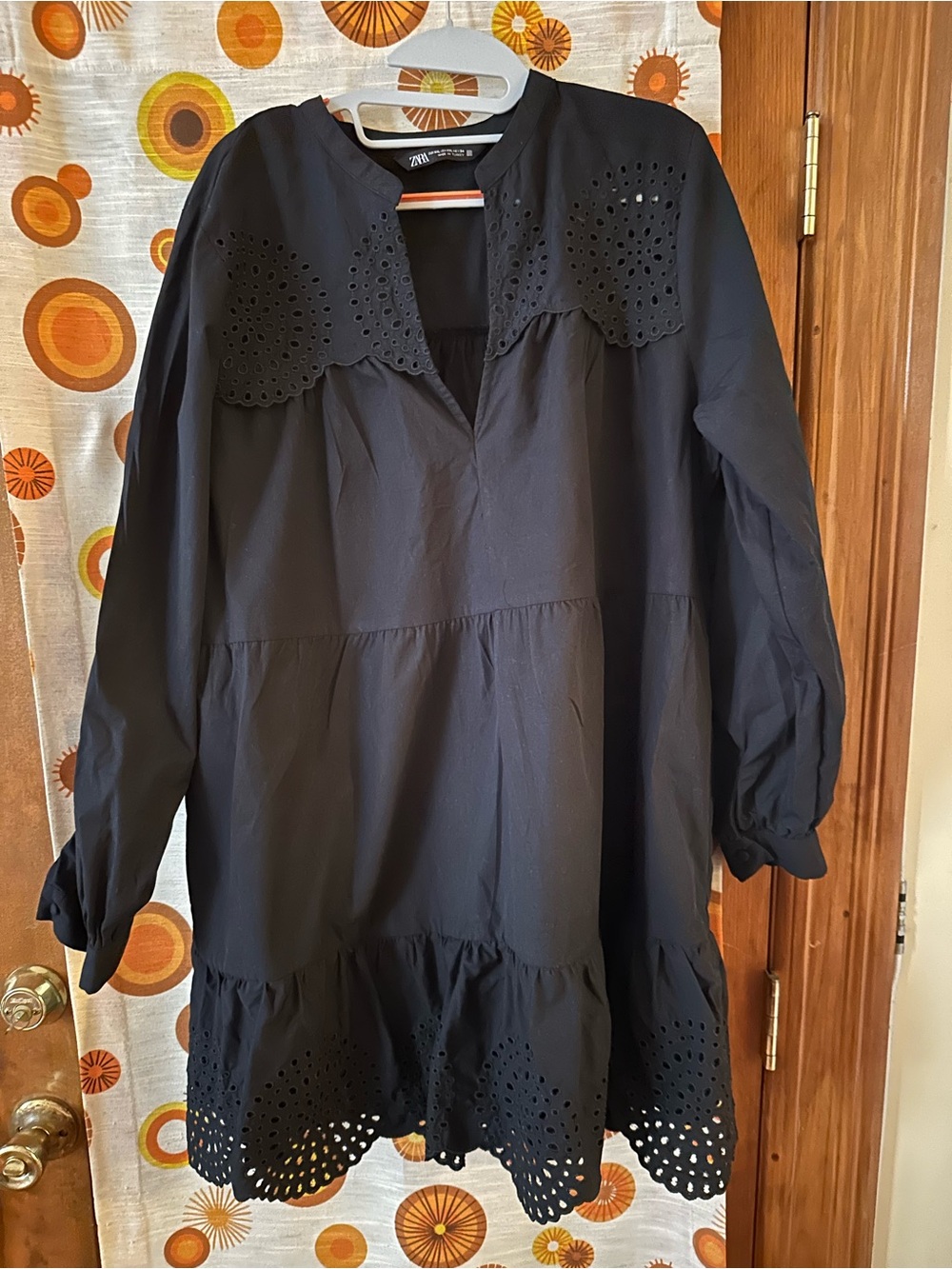 Zara Black Eyelet Collar Tiered Long‑Sleeve Dress